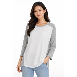 Lou & Grey Mixed Media Top Grey Ivory Long Sleeve Speckled XS‎ Lagenlook 66-01